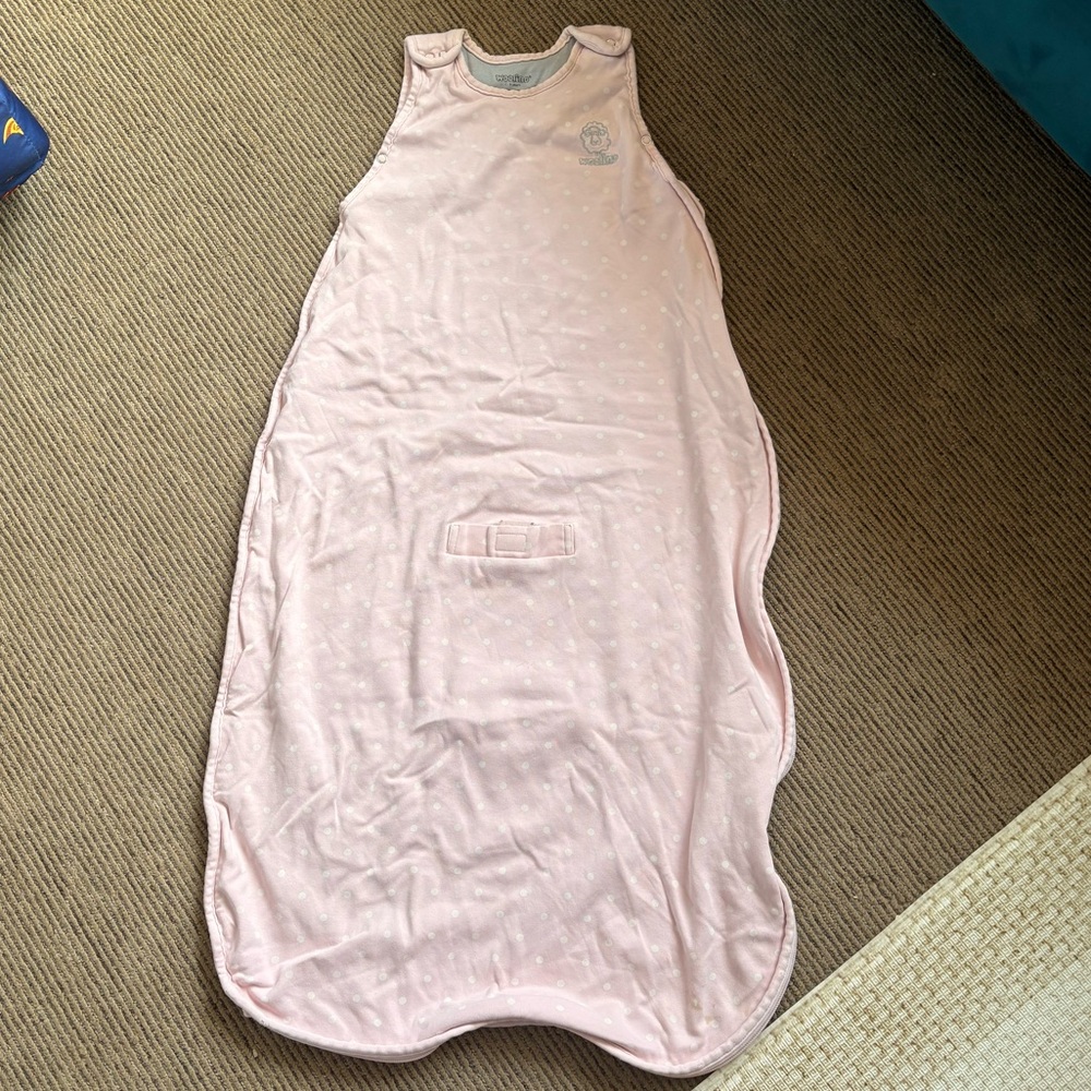 2-4 year old Woolino merino wool and cotton sleep sack pink and white polkadots